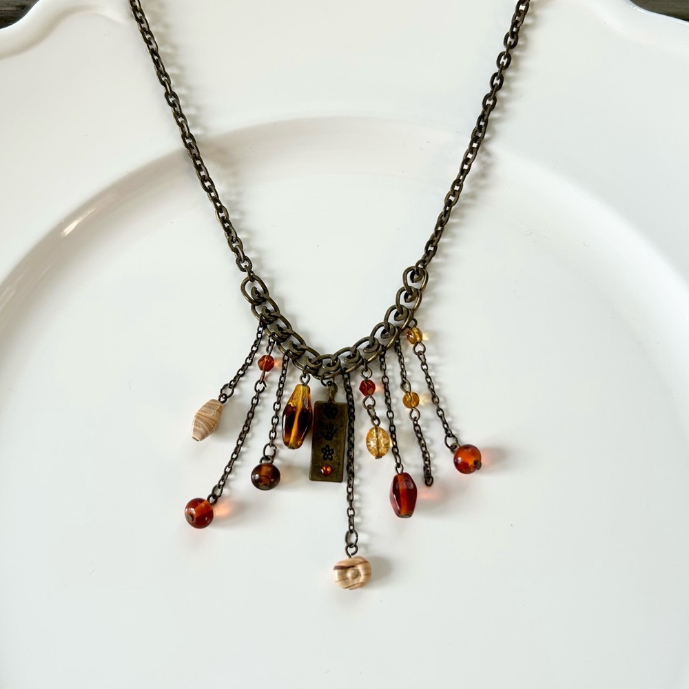 💜 LAST CHANCE Mudd Antiqued Metal Chain Charm Necklace w/ Amber Colored Beads
